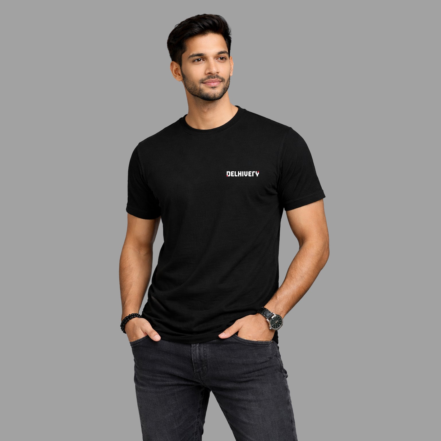Delhivery Classic Round Neck Black Tshirt