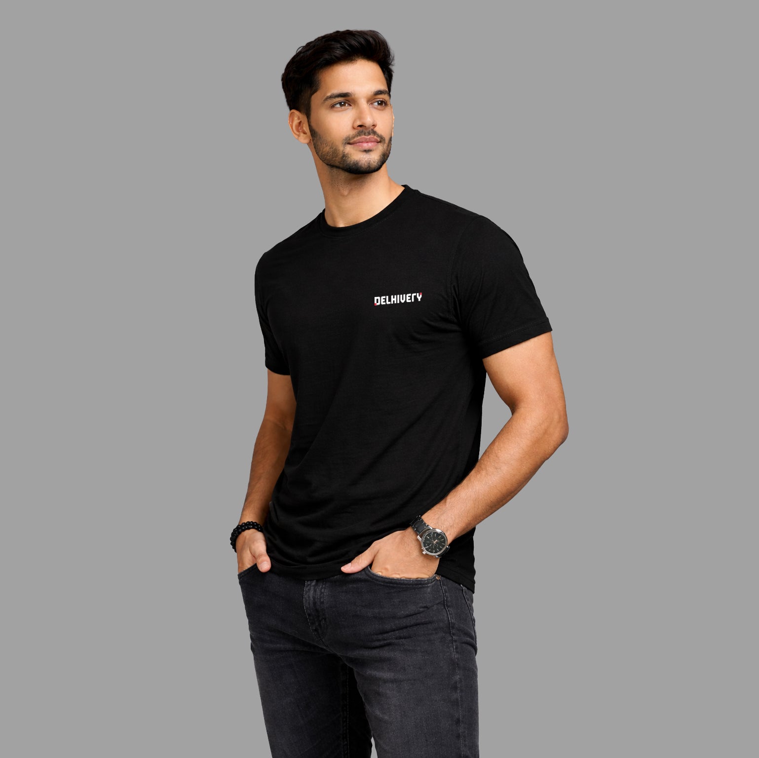 Delhivery Classic Round Neck Black Tshirt